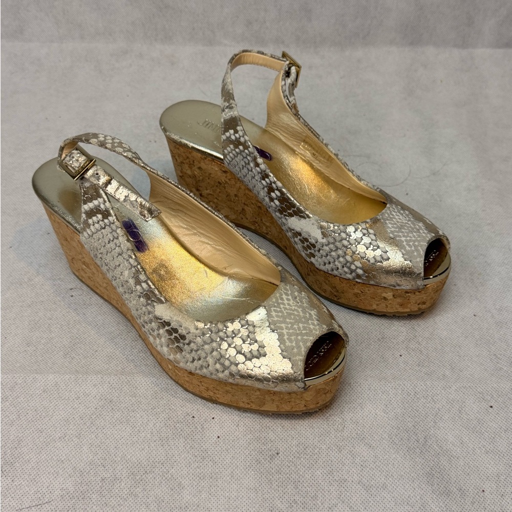 JIMMY CHOO Snake Print Cork Wedge Slingback Sandals SZ 35 Gold